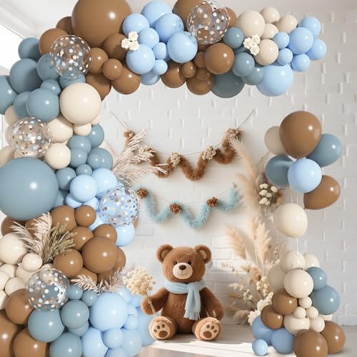 Image of Ouddy Life 142Pcs Dusty Blue and Brown Balloons Arch Kit Different Size | 18 12 10 5 inch Sand White Dusty Blue Brown Confetti Balloons for Boy Baby Shower Ted Bear Gender Reveal Birthday Party Decor