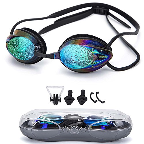 Asehuoz Swimming Goggles Anti Fog Shatterproof UV Protection,No Leaking with Silicone Nose Clip Ear Plugs and Protection Case Swimming Goggles Suit for Men Women Kids (black-2)