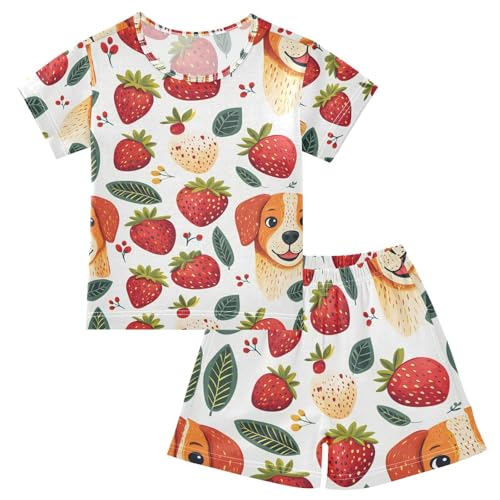 ALAZA Cartoon Dog Strawberry Pajamas Set Short Sleeve Cotton Sleepwear Summer Pjs 2 Piece 5-14Y
