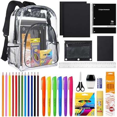 65 Pieces Back to School Supplies with15 inch Clear Backpack for Kid, Elementary School Supply Kit Essential Bundle Bulk School Stationery Set for School Classroom Students Girl Boy Cover