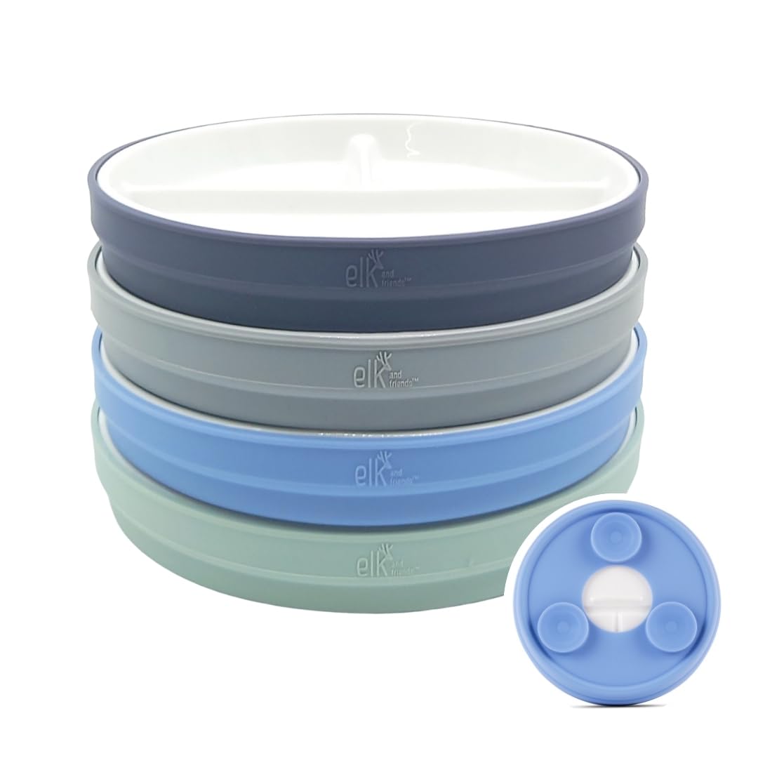 Elk and Friends Kids 6.7 Porcelain White Divided Plates with Silicone Suction Sleeves | Suitable for Babies/Toddlers | Microwave & Dishwasher Safe | Stay Put Dinnerware | Snack Dishes | 4 Pack