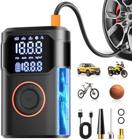 Tire Inflator Portable Air Compressor-150PSI Cordless Tire Air Pump, 5X Faster with Digital Gauge, Auto-Off & LED Light, Air Pump for Car Tires, Motorcycle, Bike, Balls & More