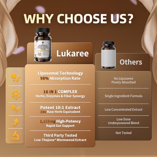Image of Lukaree 16-in-1 Wormwood Black Walnut Clove Cleanse for Humans - Natural Gut Detox & Digestive Health with Pumpkin Seeds Garlic Oregano Turmeric, Liposomal Tech 98% Absorption, Vegan Capsules 1150mg