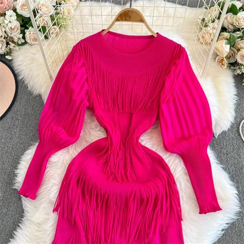 Women Tassel Pleated Lantern Sleeves Slim Dress Sexy Business Dress2