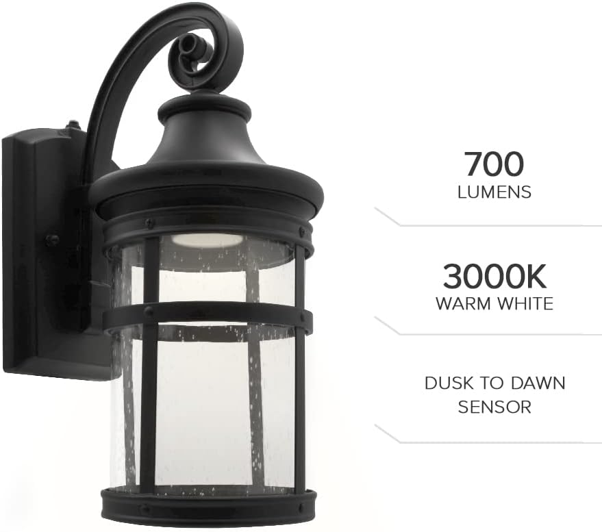 Maxxima LED Outdoor Porch Light w/Seeded Glass, Dusk to Dawn Sensor, 700 Lumens, 3000K Warm White