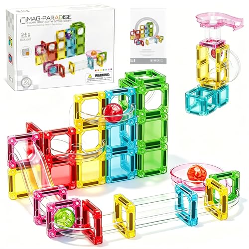 KINGSH 50PCS Magnetic Tiles Marble Run 3D Clear Educational Magnetic Blocks Building with Little Ball Smart Brain Magnets Construction Creative Magnetics Tiles