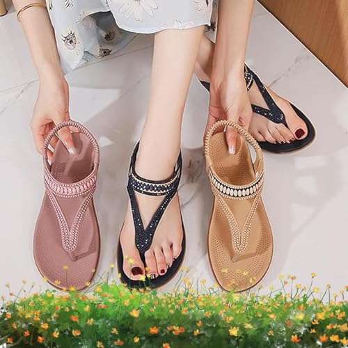 Women's T-strap Flat Sandals With Sparkling Rhinestones, 2025 Summer Bohemian Non-Slip Lightweight Flat Sandal4
