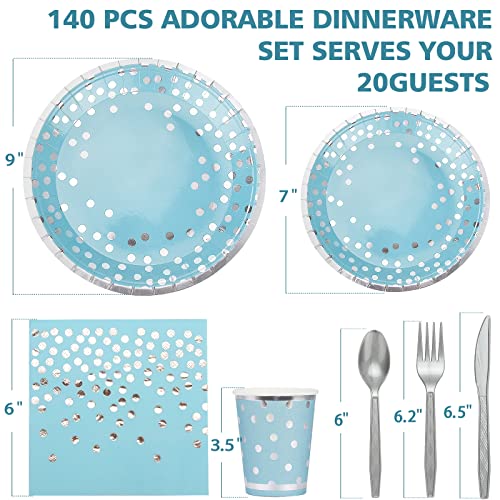 140 Pcs Blue And Silver Party Supplies Disposable Party Dinnerware - Blue Paper Plates Napkins Cups, Silver Plastic Forks Knives Spoons For 1St Birthday Baby Shower Gender Reveal Party Decoration #TOP1