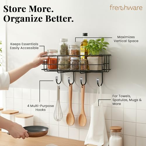 Image of Frenchware Self Adhesive Kitchen Shelf Organiser, Drill-Free Wall Rack | with Magic Stickers & 4 Hooks, Rust-Proof Storage Shelf for Bathroom, Black