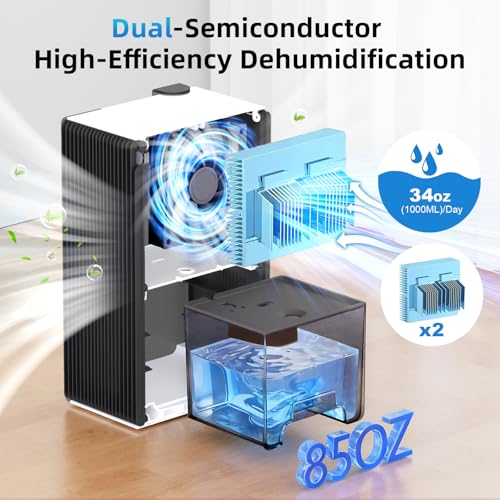 Image of 98 OZ Small Dehumidifier for Home 1000 Sq Ft, Quiet Dehumidifier with Drain Hose, Auto Shut-Off, Sleep Mode, 7-Color Light for Basement, Bedroom, Bathroom, Closet, RV (Cream Black)