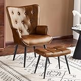 Furniliving PU Leather Accent Chair with Ottoman, Upholstered Reading Chair with High Backrest, Tufted-Button Wingback Armchair for Bedroom, Dressing Room, Home Office, Brown