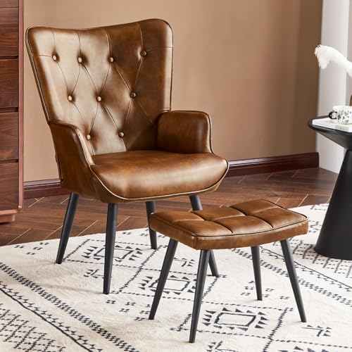 Furniliving PU Leather Accent Chair with Ottoman, Upholstered Reading Chair with High Backrest...