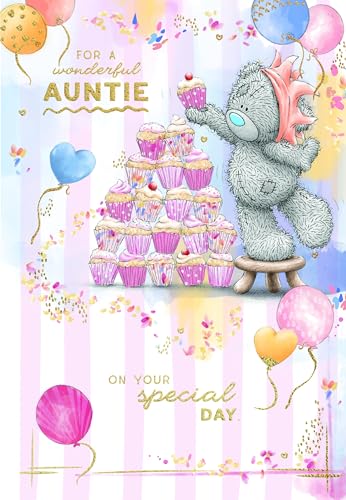 Me To You Tatty Teddy Wonderful Auntie Bear Stacking Cupcakes Luxury Gold Foil Birthday Card 6 X 9 Inches - Official Collection