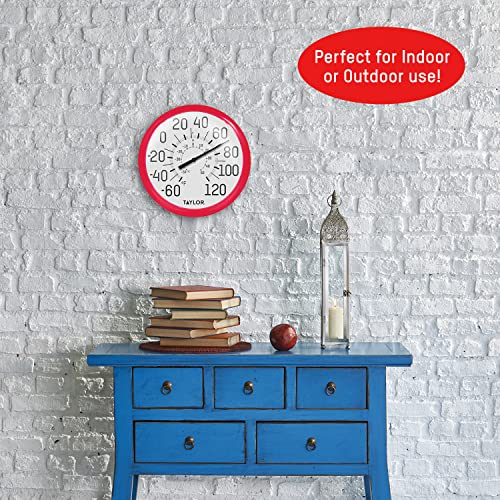 Image of Taylor Big and Bold Wall Dial Thermometer, Indoor Outdoor Thermometer, Wireless Thermometer with Easy to Read Numbers for Patio, Pool, Garage and Indoor Areas, 13.25-inch, Red