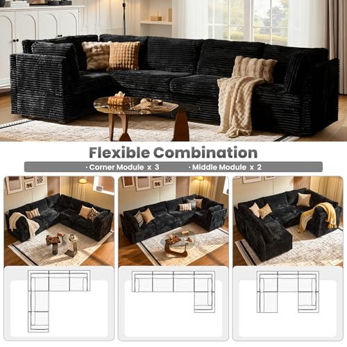 Image of ovios Modular Sectional Sofa Couch with V-Shape Chaise Convertible, Comfy Plush Corduroy Cloud Couches, Modern Luxury Deep Seat Sofas Set for Living Room, 5-Seater, Black