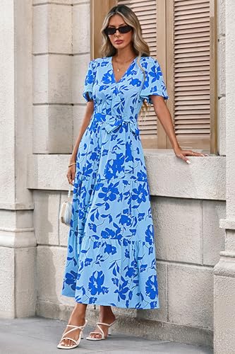 Image of MASCOMODA Women Boho Swiss Dot Maxi Dresses Wrap V Neck Flutter Short Sleeve Solid Tie Waist A Line Tiered Flowy Long Dresses