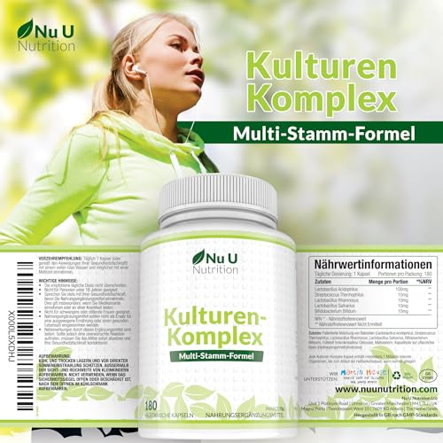 Kulturen Komplex Probiotika Darmsanierung - 180 Kapseln - 6 Monate Vorrat - Hochdosierte BacterienKulturen mit Lactobacillus Acidophilus & Bifidobacterium - Nu U Nutrition