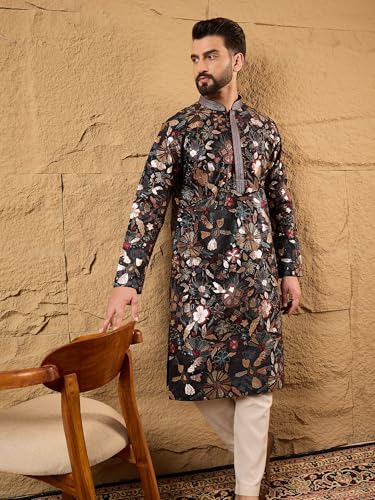 Image of Men's Black Silk Blended Solid Embroidered Long Kurta | Men's Kurtas | Embroidered Kurta's for Men | Straight Fit Kurta for Men