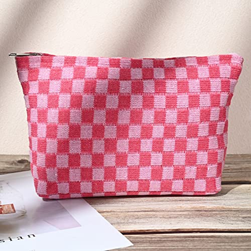 Soidram ROSE RED 2 Pieces Makeup Bag Large Checkered Cosmetic Bag Capacity Canvas Mix Travel Toiletry Bag Organizer Cute Makeup Brushes Aesthetic Accessories Storage Bag thumb #5