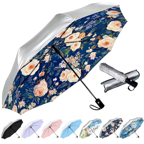 Image of SIEPASA Compact Travel Umbrella - Windproof Auto Open /Close, Small Folding Umbrella for Rain & Sun with UPF50+ - Lightweight Frame, Waterproof - Fits Backpack, Purse, Suitcase.(Silver /Rose)