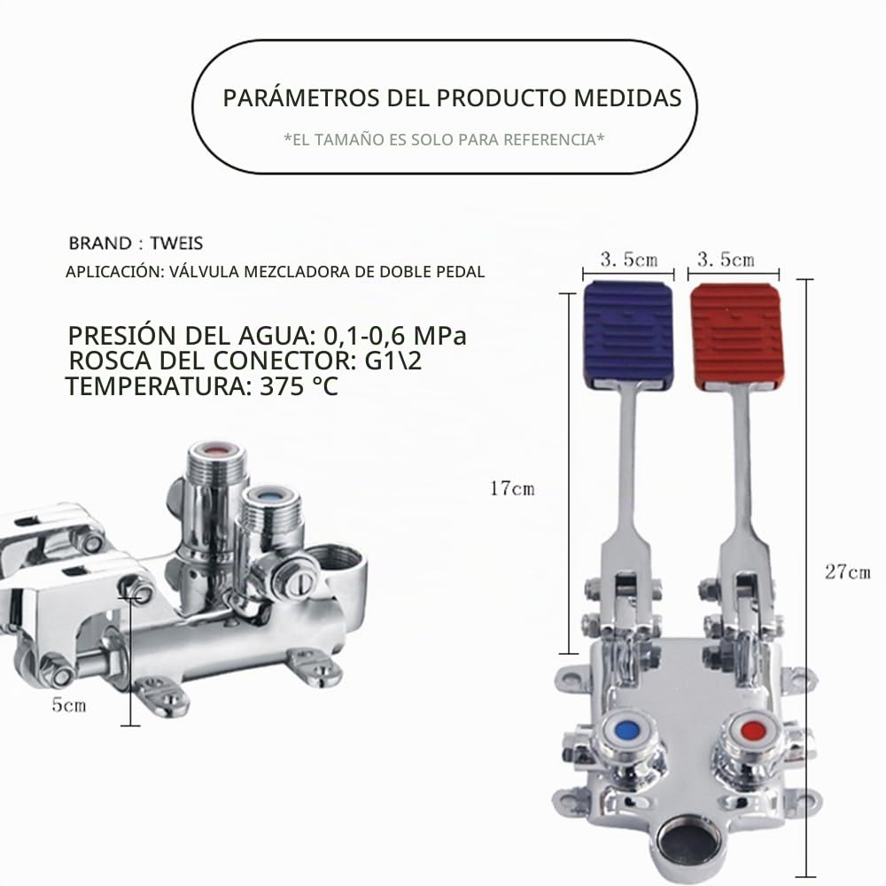 Grifo Pedal Doble Mezclador,Grifo Accionable con Pie,con 2 Palancas y dos Aguas,regulable mediante la presión del grifo pedal,para Fregaderos Industriales de Hostelería,cocinas industriales y lavabos