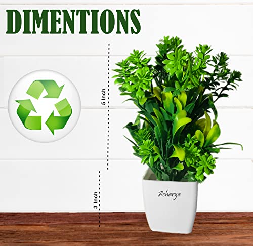 Image of Artificial Flower Plants for Home Decor - Set of 2 Mini Potted Plants in White Pots | Yellow & Green Ideal for Living Room, Office, Indoor Outdoor Decoration