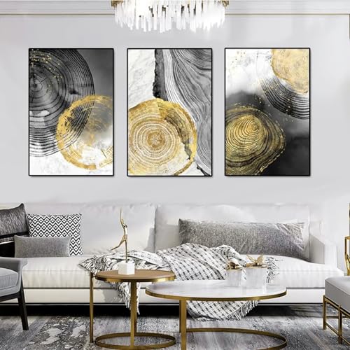 Triptyque toile anneaux arbre or et noir tableau marbre encre moderne salon