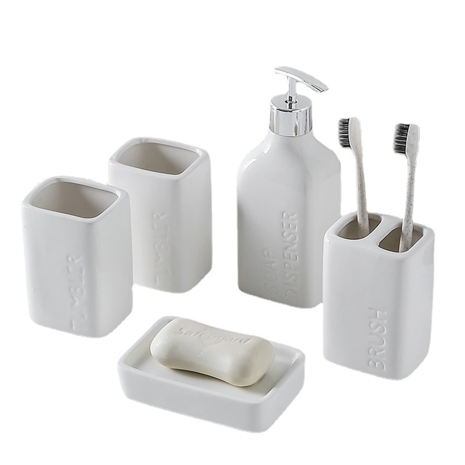 Juego de dispensador de jabón de baño 5 Piezas, Dispensador de jabón de cerámica, con dispensador de jabón, Porta Cepillo de Dientes, Vaso de baño y jabonera -Blanco