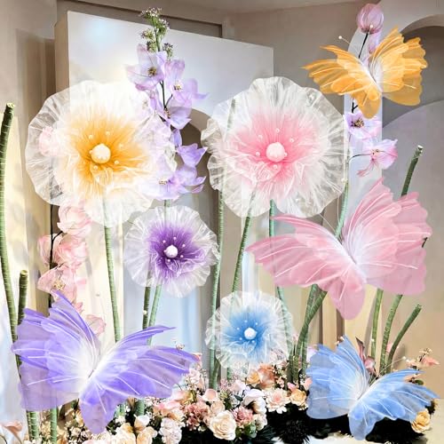 Image of Cinnvoice 8 Pcs Large Colorful Butterfly Flower Decorations 20 Inch 12 Inch 3D Giant Silk Butterfly Big Flower Mariposas Grandes para Decoracion for Wedding Backdrop Birthday Party