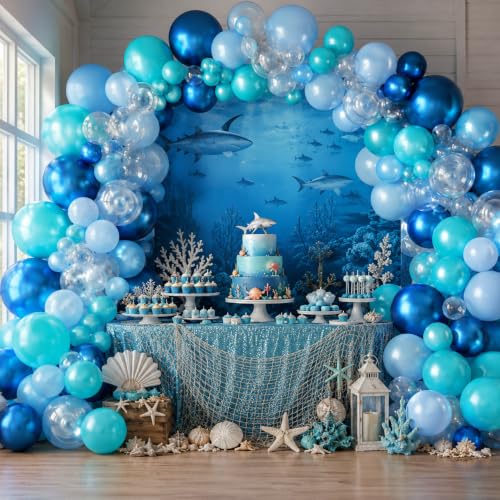 Image of Ocean Themed Party Balloons, 12 Inches Turquoise Teal Blue Clear Metallic Balloons for Ocean Shark Sea Themed Pool Party Baby Shower Birthday Beach Decorations