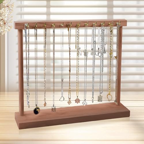 MXGHIR Holz Kettenständer Schmuck Tragbar Schmuckständer Armbandhalter mit 12 Haken Ketten und Einer Stabilen Rechteckigen Basis zur Aufbewahrung von Schmuckketten (Braun)