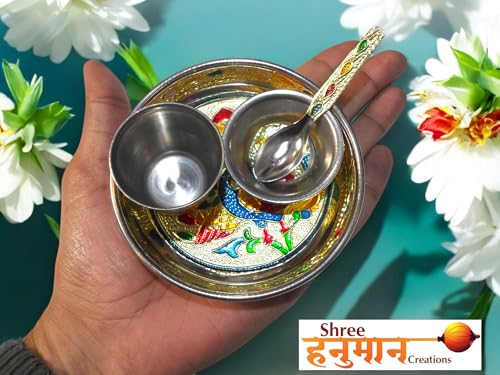 Image of Shree Hanuman Creations Laddu Gopal| Thakur ji| khanha| Bal Gopal ke Bartan /Pooja thali Small- 4 pcs Set - Multicolor Minnakari Stainless Steel Bhog Thali with Glass, Bowl and Spoon