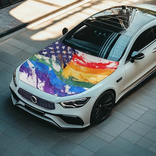 Image of Rainbow American Flag Car Hood Cover, Washable Elastic Watercolor Wave American US Flag Auto Hood Protector Stretchable Polyester Fabric, Car Bonnet All-Season Protection