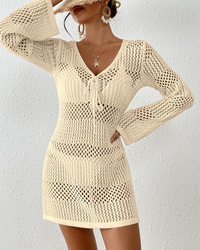 Image of Bsubseach Women Swimsuit Crochet Coverup Long Sleeve V Neck Beach Dress
