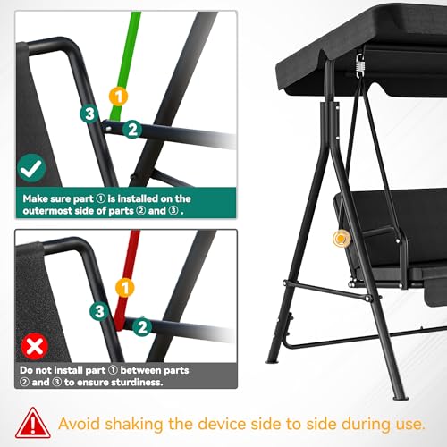 YITAHOME Outdoor Patio Swing Chair, 3 Person Porch Swing with Adjustable Canopy, Removable Cushion,Suitable for Garden, Poolside, Balcony,(Black)