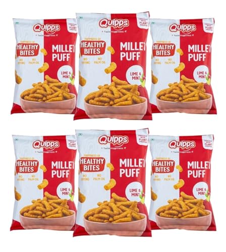 Image of Quipps Millet Puff Lime & Mint | Pack of 6, 60g Each | Non-Fried Crunchy Snack | Plant Protein Enriched | Made with Millet, Rice & Corn | Gluten Free | No Palm Oil | No Artificial Preservatives | Office & Travel Snack