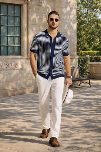 Image of COOFANDY Mens Knit Button Down Shirts Short Sleeve Polo Shirt Vintage Striped Casual Shirts