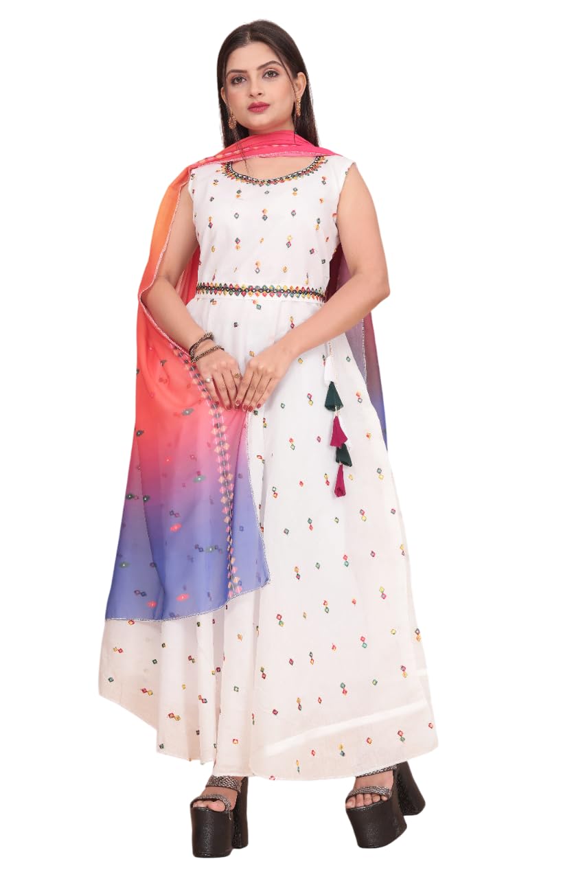 kanjari Women's Regular Fit Full Length Embroided Chanderi Cotton Gown with Beautiful Georgette Dupatta Dress Set for Wedding, Parties, Festivals, Family Functions (White) (M,L,XL,2XL,3XL,4XL)-picture-28