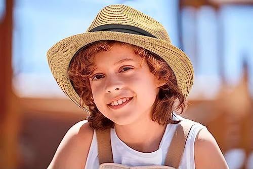 Kids Fedora Straw Sun Hat Short Brim Beach Outdoor Panama Trilby Cap Sun-Hats For 6-10 Years Khaki #TOP2