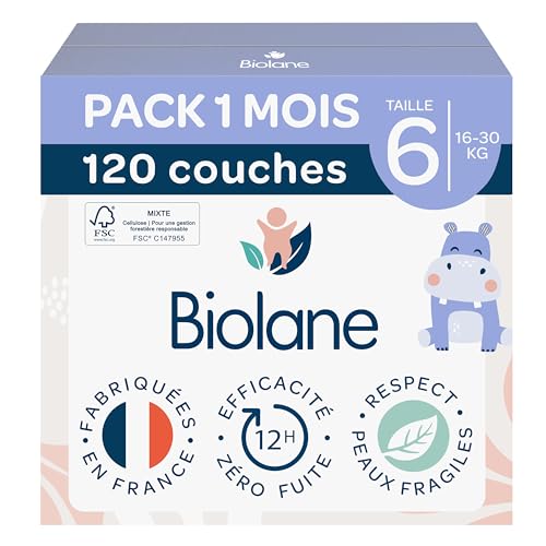 BIOLANE - Couches Bébé Taille 6 (16kg et +) - Pack 1 Mois - 120 couches