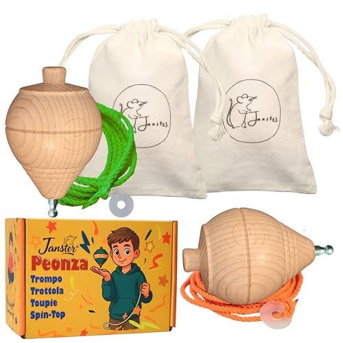 Janster® Kreisel aus Holz, Set mit 2 Kreiseln für Kinder + Scheiben, Taschen und Seile | Traditionelle Holztropfen – klassische Trompen für Kinder und Erwachsene, runde Metallspitze