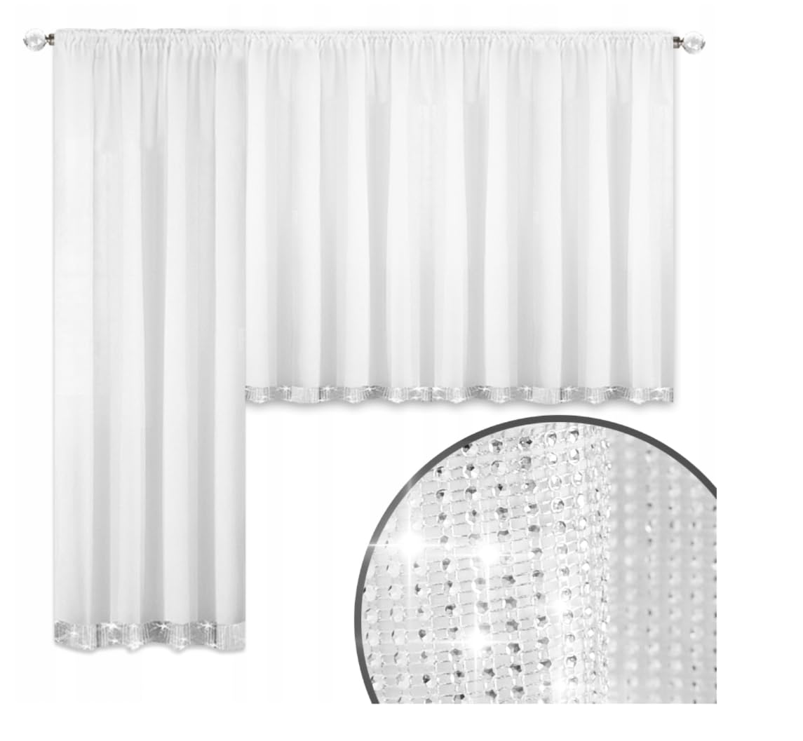 FKL DESIGN Home Deco LB-184 Rideau de balcon prêt à poser en voile avec zircons scintillants et galon fronceur long moderne Blanc 250 x 550 cm