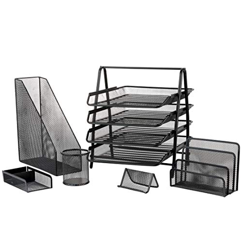 Homeries Office Desk Organizer Set (6 Pieces) - Includes 4-Tier Document Holder, Magazine Holder, Pen & Pencil Holder, Paper Clip Holder, Post-It Note Holder, Business Card Holder â€“ Mesh Wire Design