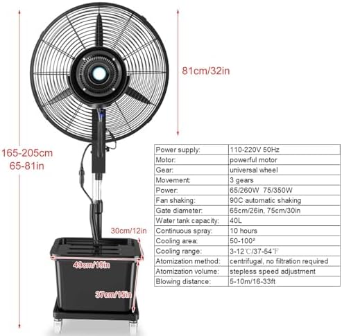 Outdoor Cool Mist Oscillating Pedestal Fan - 3 Speed Auto Water Add, Ideal for Patio, Workshop, Garage, Warehouse | 65cm/26in Misting Cooling Solution