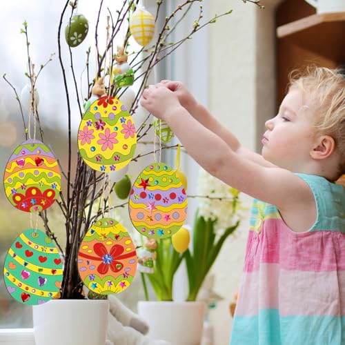 30 Stück Holz Ostereier zum Bemalen, Holzanhänger Ostern Basteln Kinder zum Aufhängen, DIY Bastelset Ostern mit Schnur, Aquarellstift, Diamantaufkleber, Ostergeschenke für Kinder