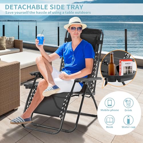 RICHRYCE Zero Gravity Chairs Set of 2, 350lbs Capacity Folding Outdoor Patio Recliner with Adjustable Headrest & Cup Holder, Anti Gravity Chair for Backyard, Poolside & Lawn (Black)