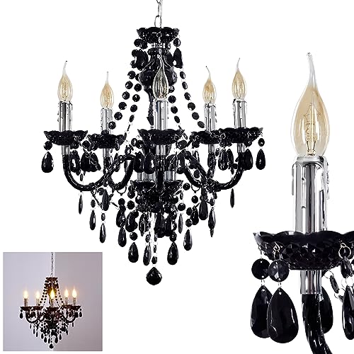 Żyrandol z metalu w kolorze czarnym/chromowym, lampa wisząca 5-punktowa, 5 x E14, klasyczna lampa wisząca z ozdobnymi kryształami, design vintage/retro, bez żarówek
