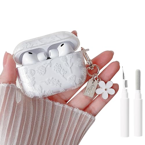 Image of MINSCOSE for with AirPods Pro 3rd Generation Case (2025) with Cleaner Kit,Cute Flower Floral Aesthetic Design with Flowers Keychain for Girls Women for Airpods Pro 3-White