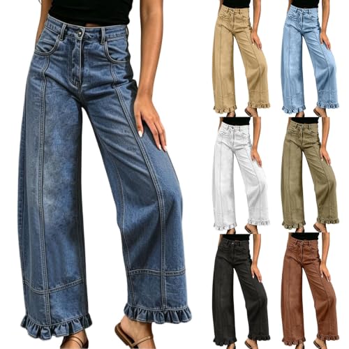 Loinjsnktng Cute Jeans for Women Trendy Ruffle Jeans Baggy Trendy Denim Pants Wide Leg Casual Boyfriend Bottoms with Pockets Dark Blue