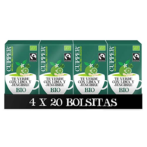 Cupper - Pack de 4 Cajas de 20 Bolsitas de Té Verde Ecológico con Lima y Jengibre - Libre de Gluten - Apto para Consumo Vegano - Propiedades Antioxidantes y Digestivas Cover